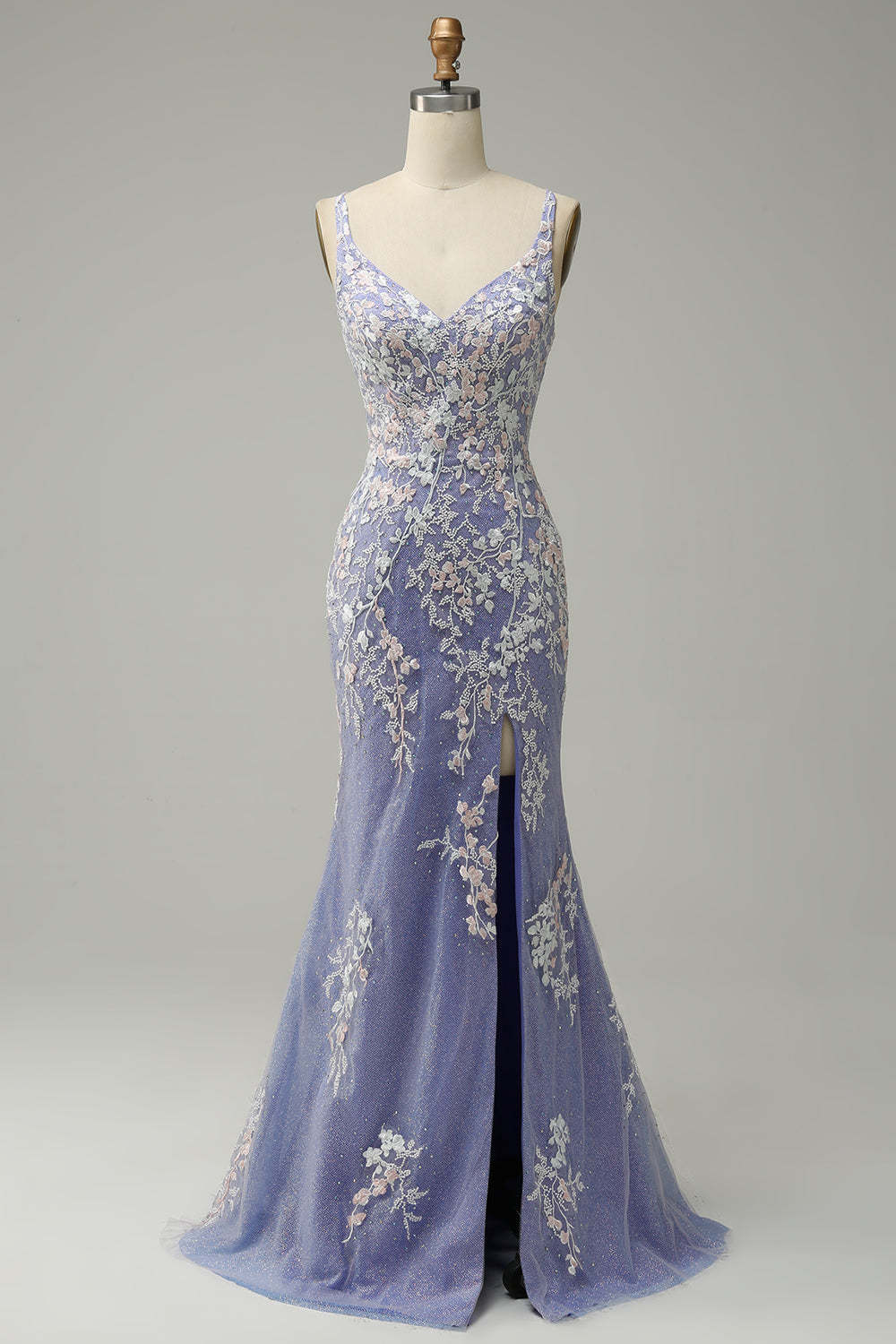 Long Blue Mermaid Prom Dress with Glitter Lace and Slit