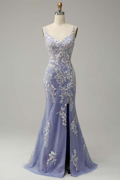 Long Blue Mermaid Prom Dress with Glitter Lace and Slit