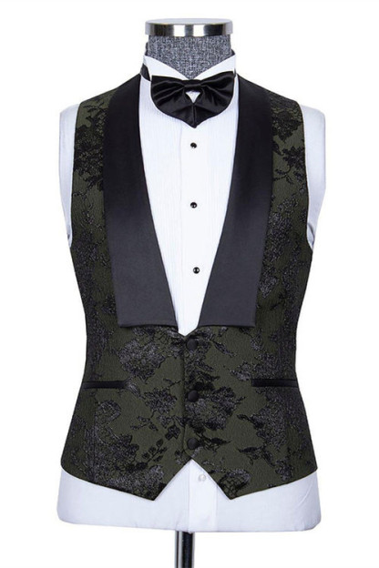 Nathanael Handsome Black Jacquard Peaked Lapel Three-Piece Wedding Groom Suits