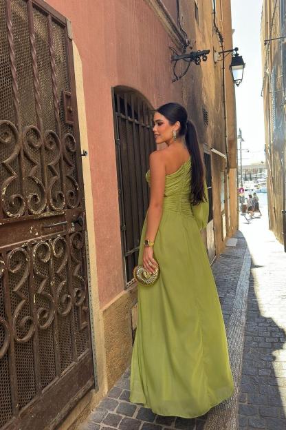 Tulle One Shoulder Long Sleeve Long Formal Dress With Front Split