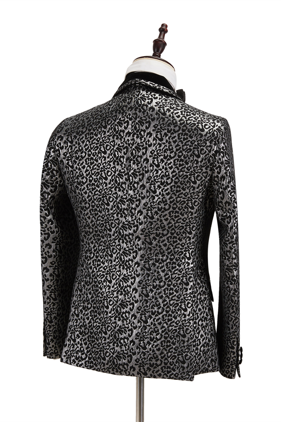 Black Stitching Silver Leopard Jacquard Men's Suit Shawl Lapel Double-Breasted Wedding Suit for Formal with Shirt