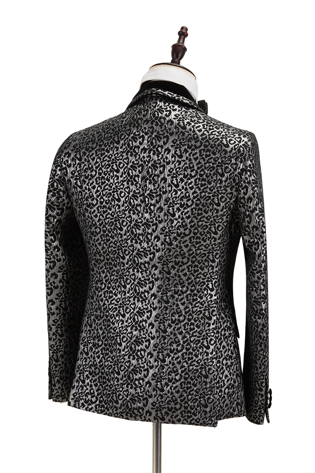 Black Stitching Silver Leopard Jacquard Men's Suit Shawl Lapel Double-Breasted Wedding Suit for Formal with Shirt