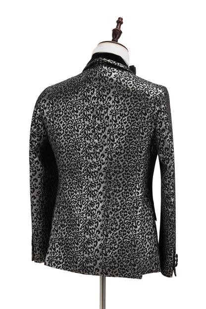 Black Stitching Silver Leopard Jacquard Men's Suit Shawl Lapel Double-Breasted Wedding Suit for Formal with Shirt