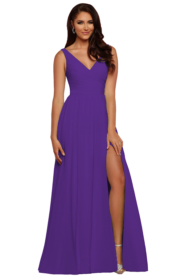 Sleeveless V-Neck Bridesmaid Dress with Split