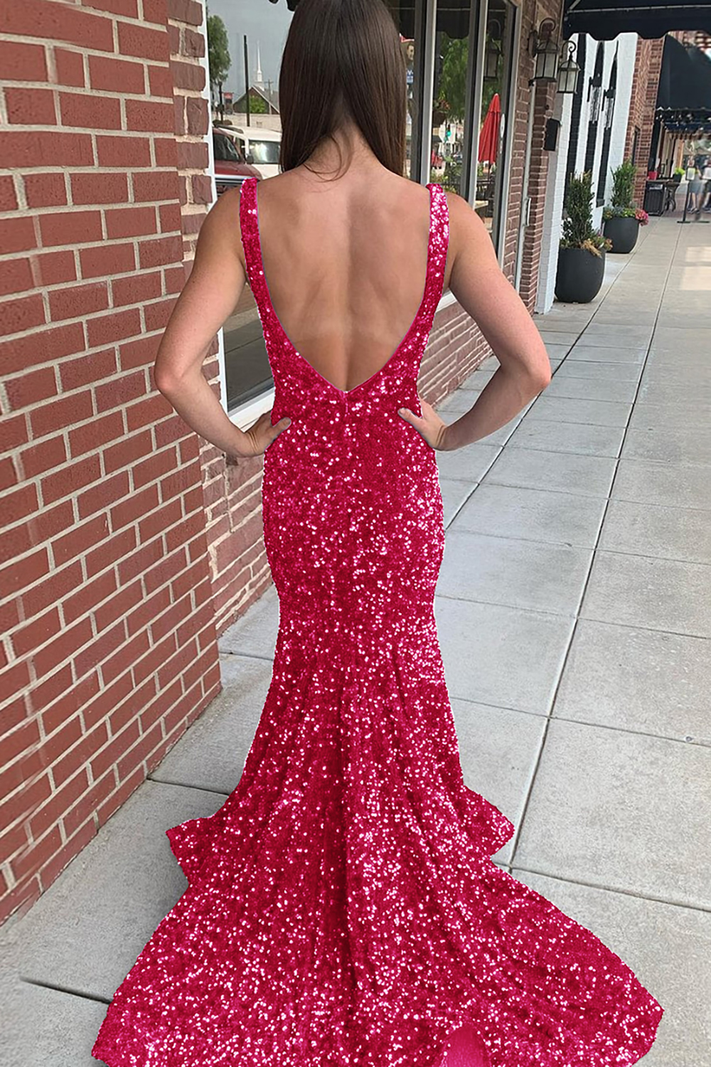 Long Prom Dress with Sequins in Mermaid Blue V-Neck