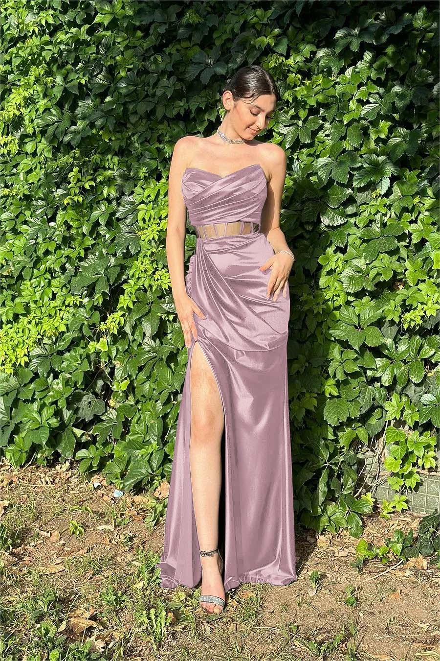 Strapless Sleeveless Long Mermaid Formal Dress With Pleated Split