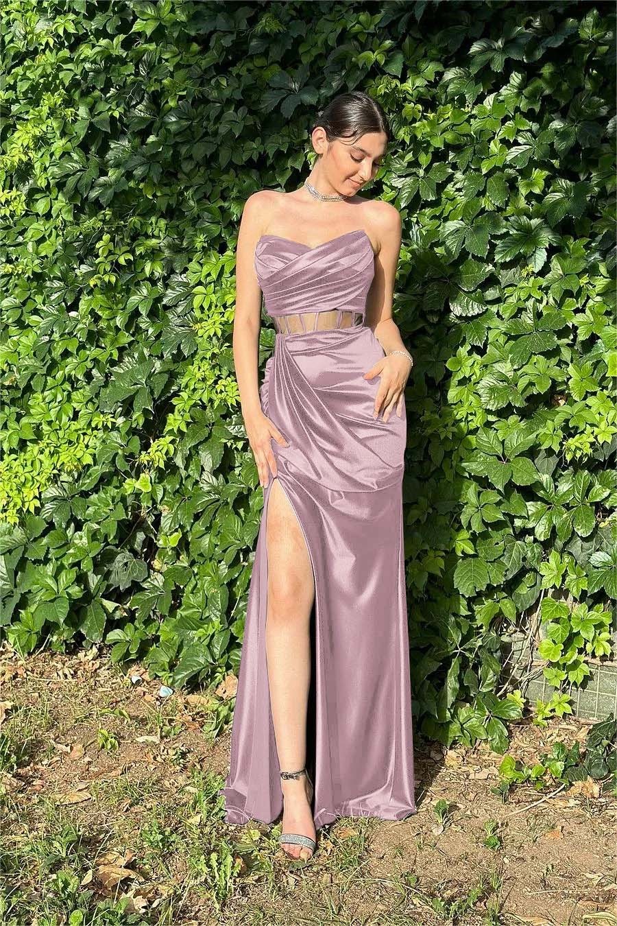 Strapless Sleeveless Long Mermaid Formal Dress With Pleated Split