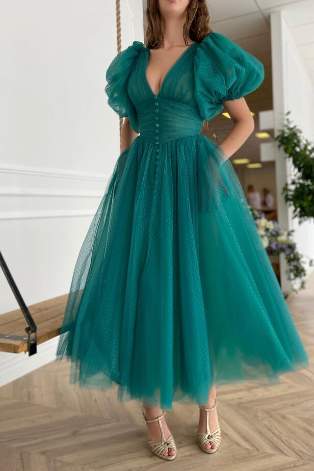 Dark Green Evening Dress A-Line With Short Sleeves V-Neck