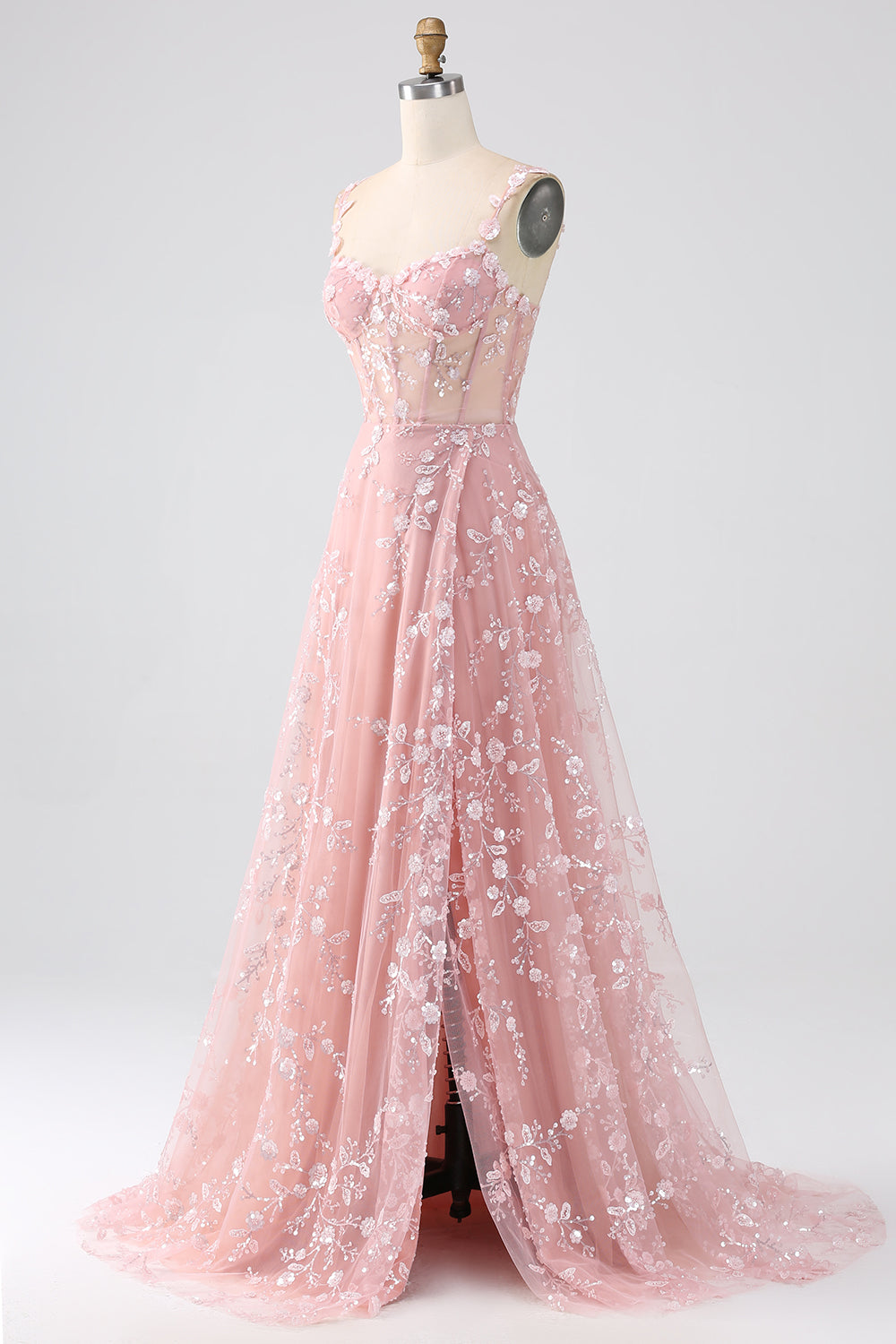 Long Corset Prom Dress in Blush with A-Line Silhouette and Spaghetti Straps Adorned with Appliques