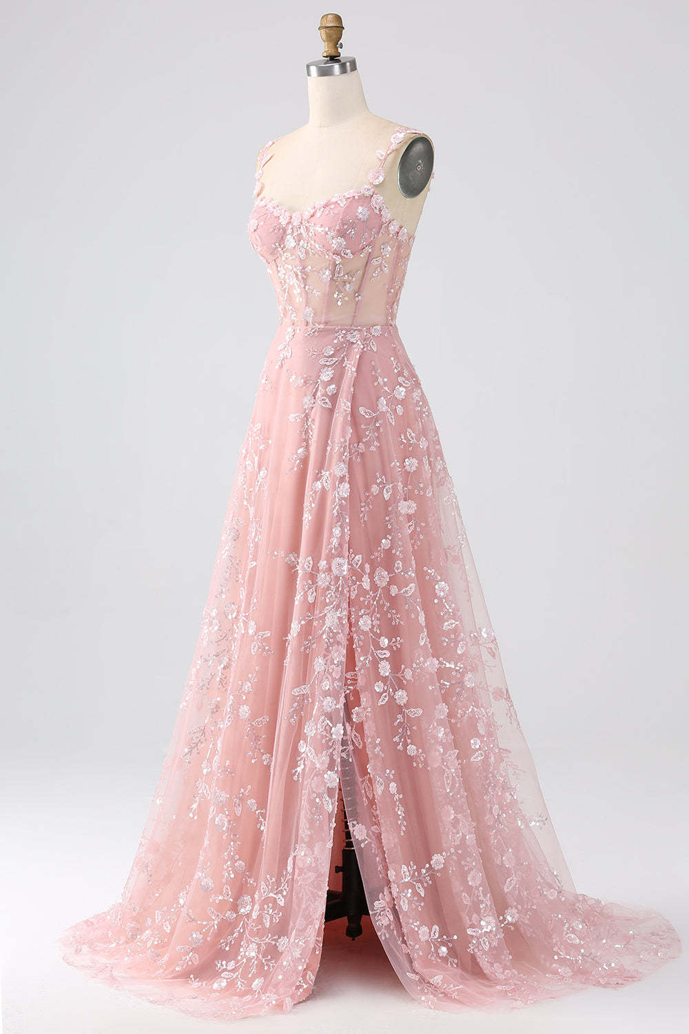 Long Corset Prom Dress in Blush with A-Line Silhouette and Spaghetti Straps Adorned with Appliques