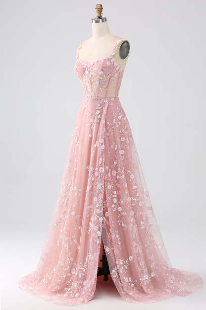 Long Corset Prom Dress in Blush with A-Line Silhouette and Spaghetti Straps Adorned with Appliques