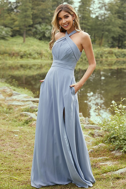 Dusty Blue Split Bridesmaid Dress with Pockets