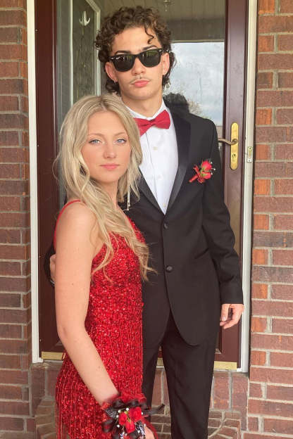 Long Red Sequined Prom Dress with Mermaid Spaghetti Straps and Front Split