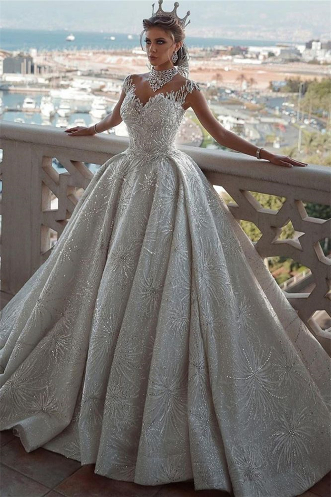 Glamorous Cap Sleeves Ball Gown Wedding Dress with Beadings