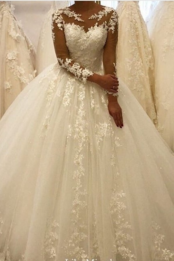Beautiful Appliques A-Line Bateau Long Sleeves Wedding Dress with Tulle Lace Ruffles