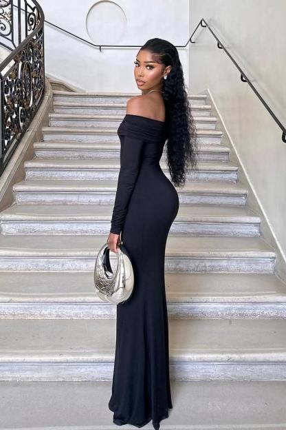 Long Sleeves Off the Shoulder Mermaid Long Formal Dress With Pleated