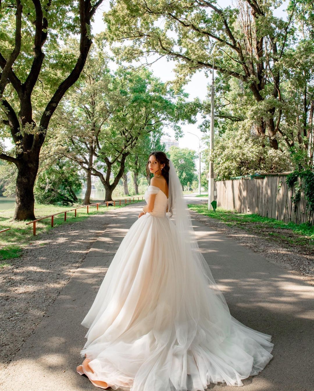 Elegant Tulle Off-the-Shoulder A-Line Long Wedding Dress with Chapel Train