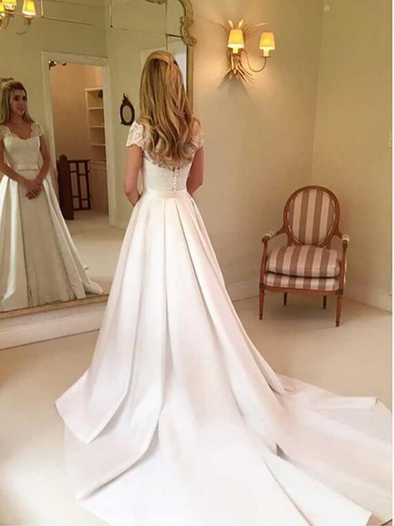 Beautiful Satin Brush Train A-Line Long Wedding Dress with Sleeves
