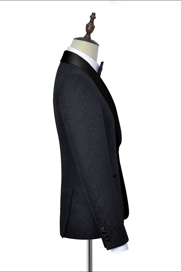 Classic Black Jacquard Wedding Tuxedo Shawl Lapel Silk One-Button Wedding Suits for Men