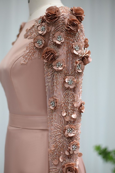 A Line Bateau Formal Dress Long Sleeves Sweep With Flower Appliques