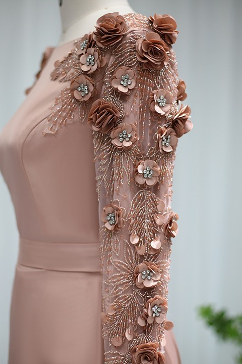 A Line Bateau Formal Dress Long Sleeves Sweep With Flower Appliques