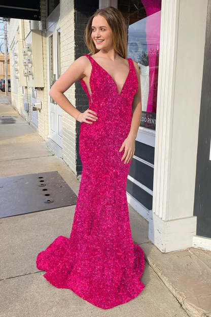 Purple Sequined Prom Dress with Deep V Neck and Open Back in Mermaid Style