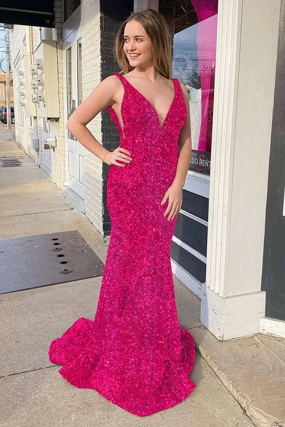Pink Sequined Long Prom Dress with Mermaid Deep V Neckline