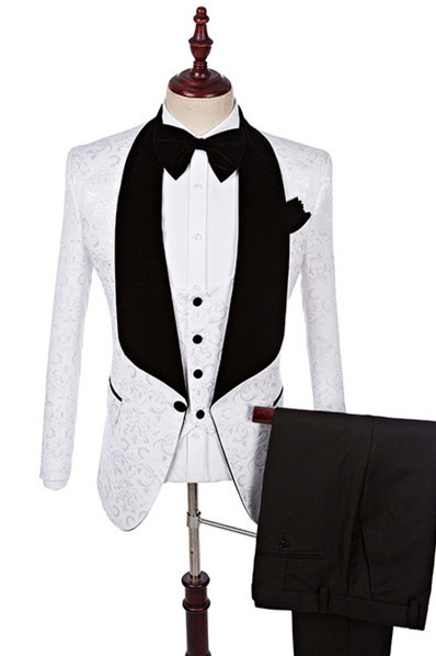 Dillon White Fashion Jacquard Shawl Lapel Three-Piece Wedding Suits