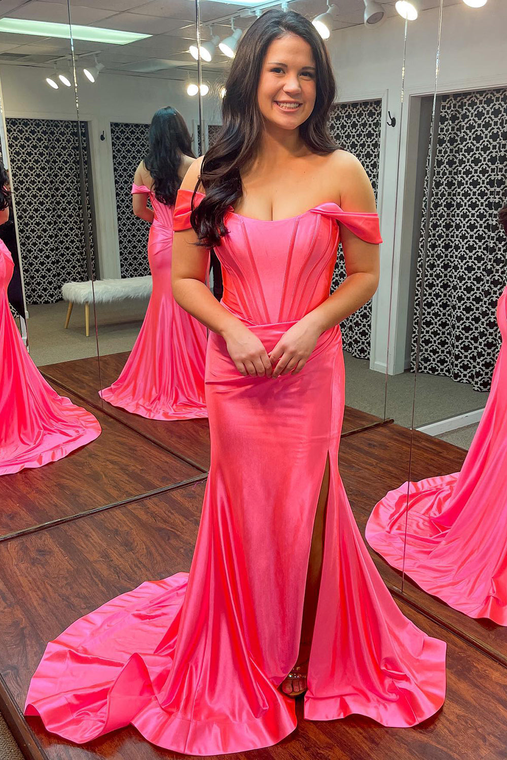 Long Off-the-Shoulder Black Prom Dress with Corset and Slit