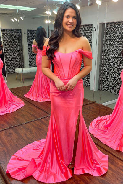 Long Off-the-Shoulder Black Prom Dress with Corset and Slit
