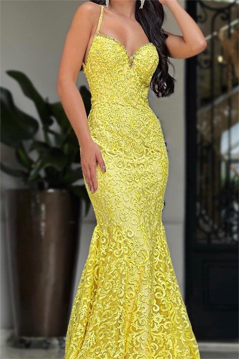 Chic Yellow Spaghetti Strap Sweetheart Sleeveless Long Mermaid Formal Dress
