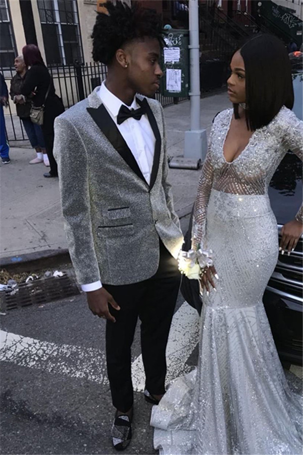 Glitter Silver Peaked Lapel Prince Suit Two Pieces for Groom with Sequins