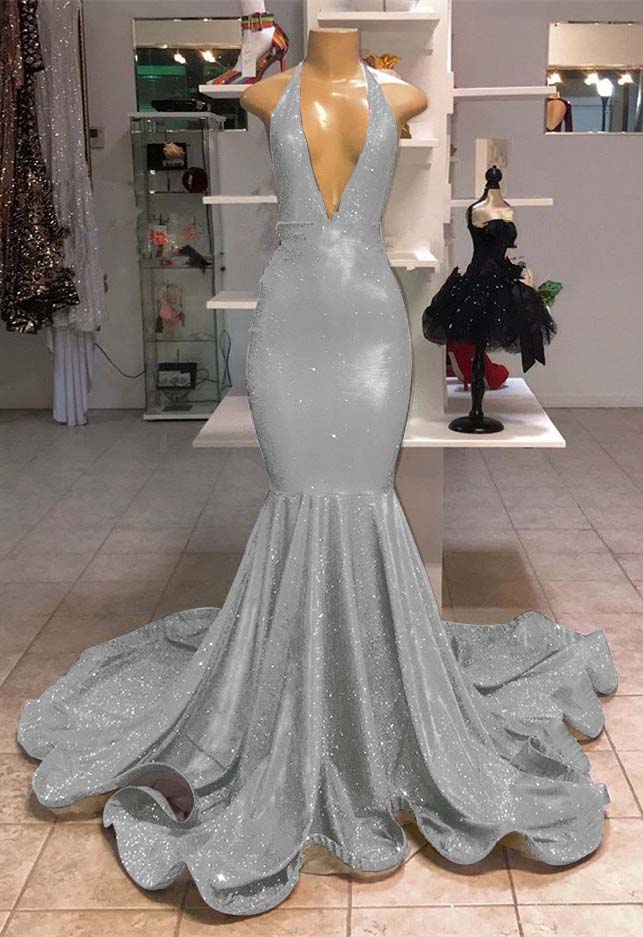 Halter V-Neck Mermaid Evening Dress With Sequins