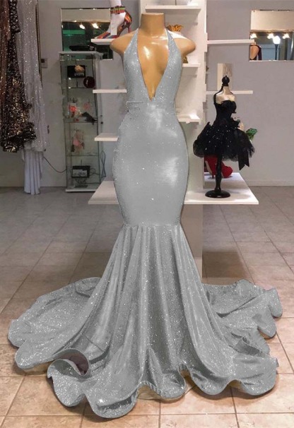 Halter V-Neck Mermaid Evening Dress With Sequins