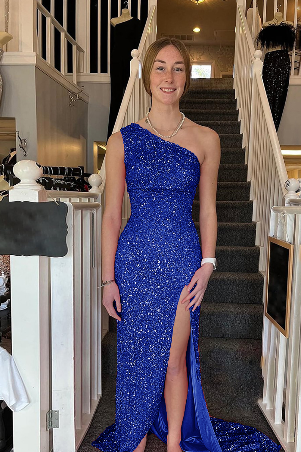 White Sequined Long Prom Gown with One Shoulder and Front Slit