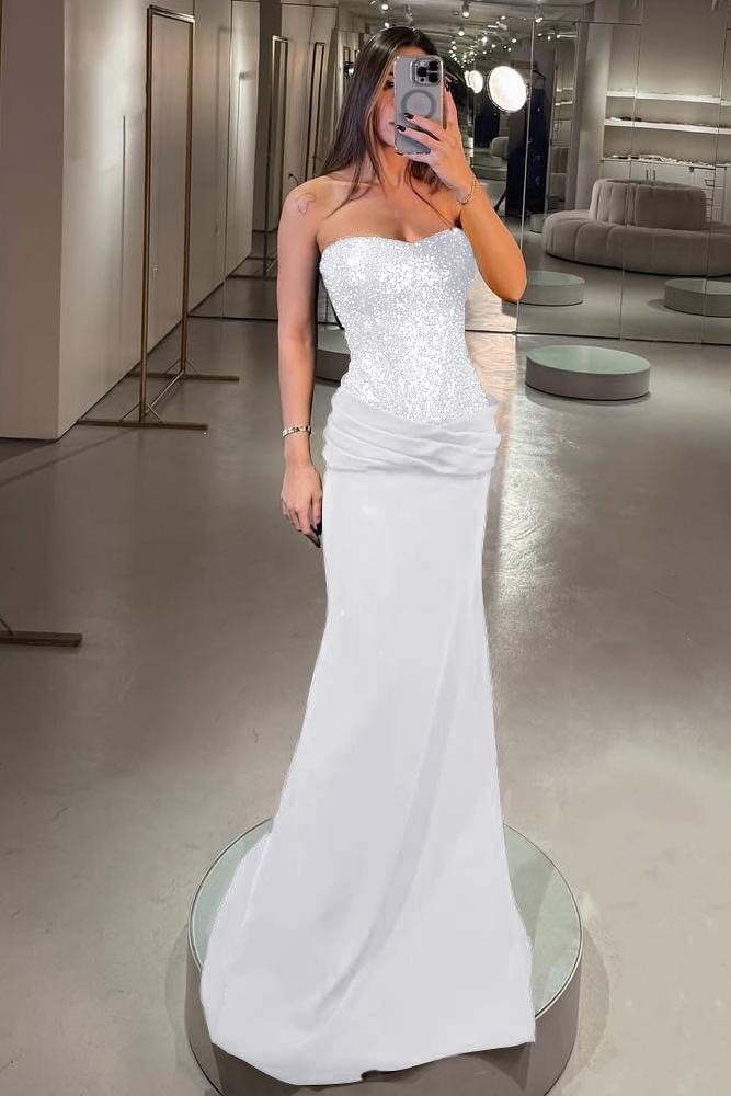 Strapless Sleeveless Long Mermaid Formal Dress With Pleated Sequins