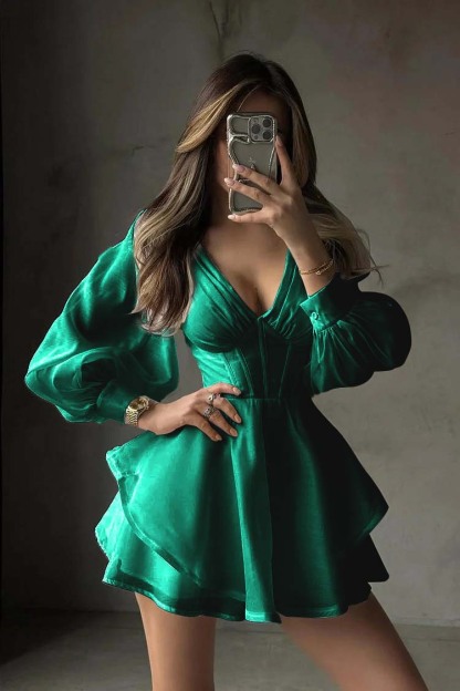 White Long Sleeves V Neck Short Formal Dress With Ruffles Pleated