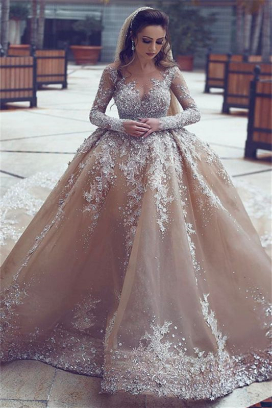 Long Sleeves Beads Ball Gown Wedding Dress with Appliques