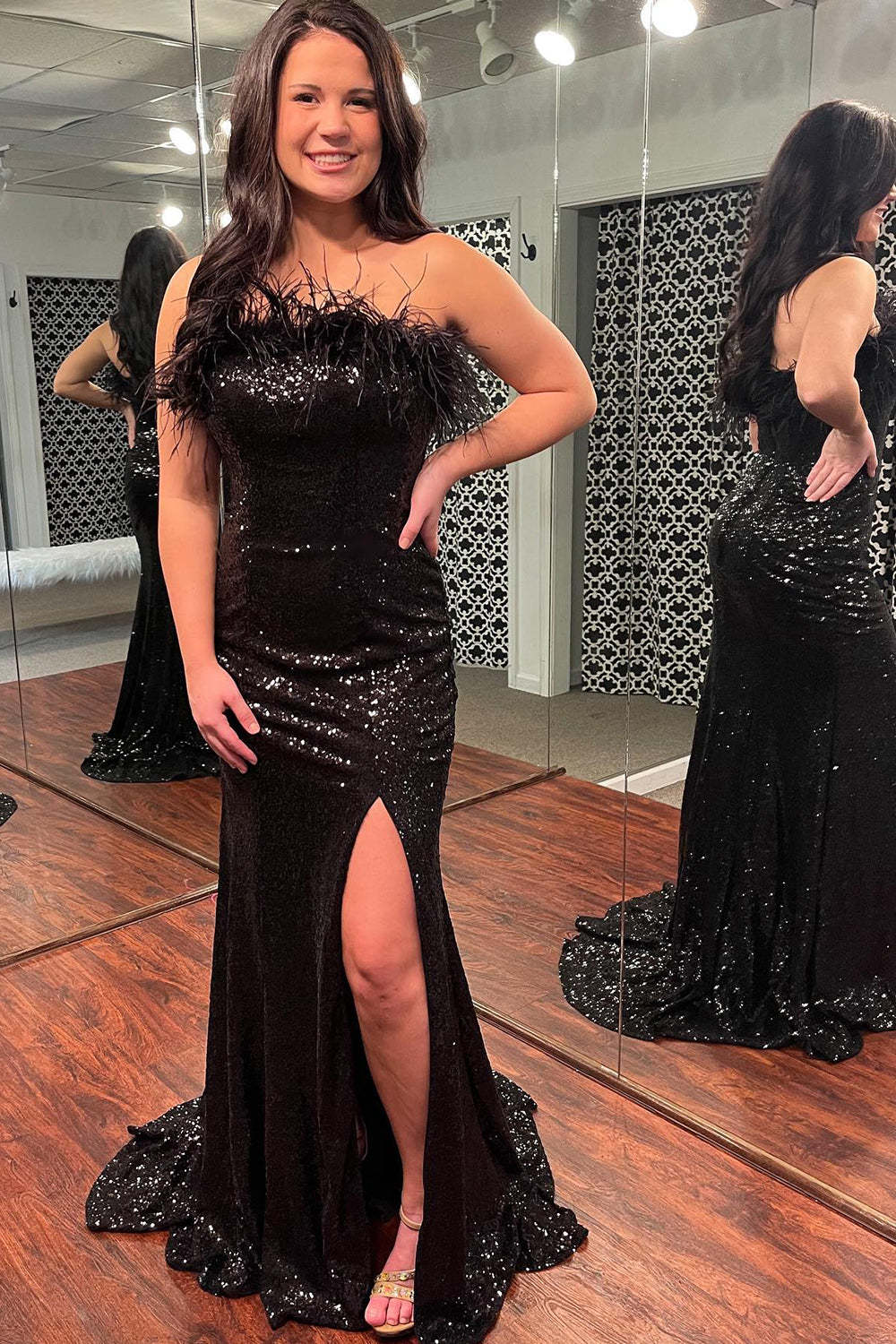 Light Blue Mermaid Prom Dress with Sequins and Feathers Strapless Long Style