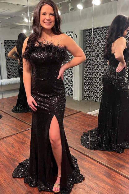 Light Blue Mermaid Prom Dress with Sequins and Feathers Strapless Long Style