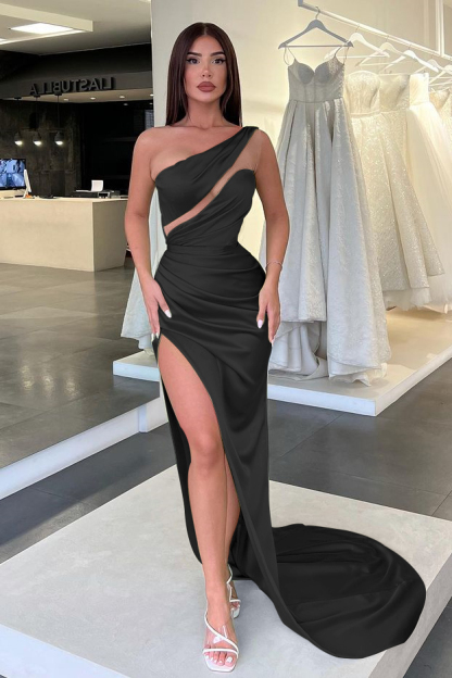 Charming Light Green One Shoulder Sleeveless Split Evening Dress With Pleated