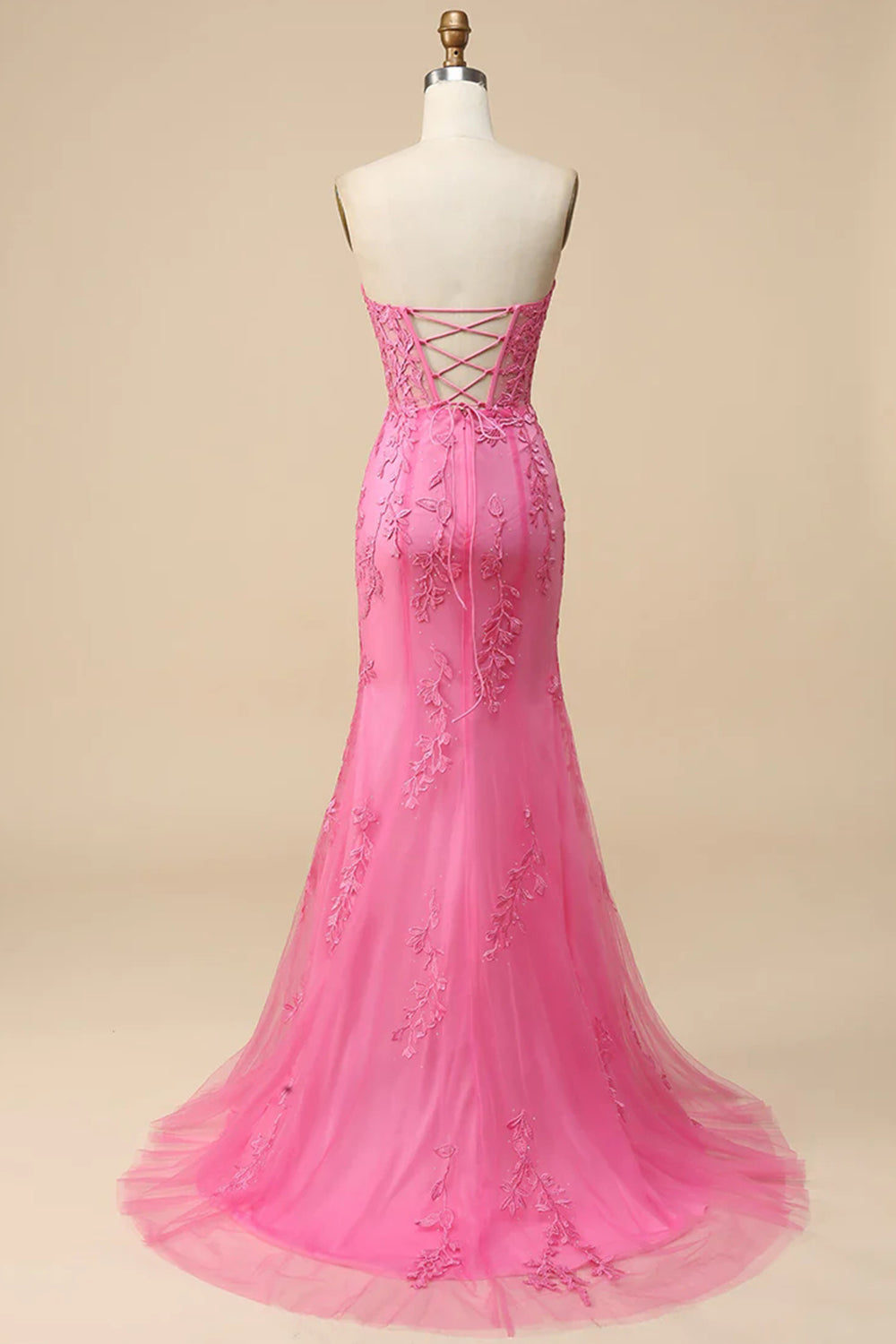 Sweetheart Long Pink Lace Corset Prom Dress with Slit