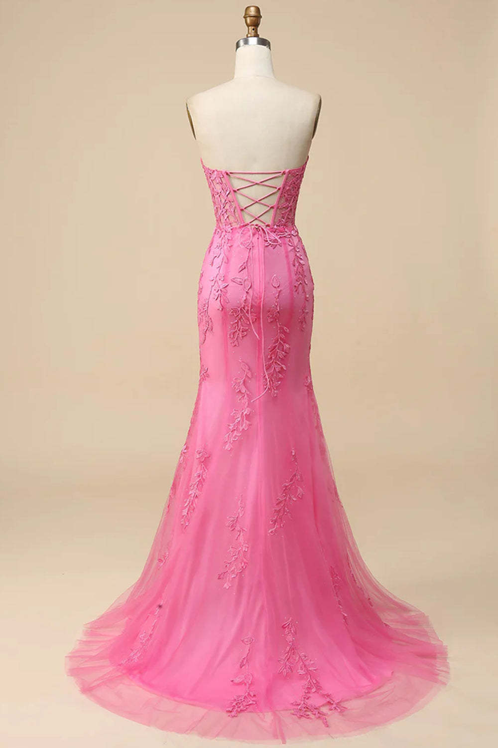 Sweetheart Long Pink Lace Corset Prom Dress with Slit
