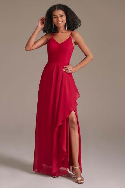 Red Spaghetti-Straps Side Split Bridesmaid Dress