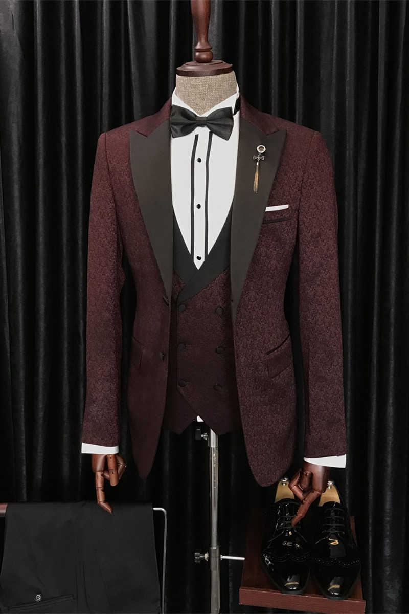 Modern Burgundy Jacquard Peaked Lapel Three-Piece Men's Suits for Wedding