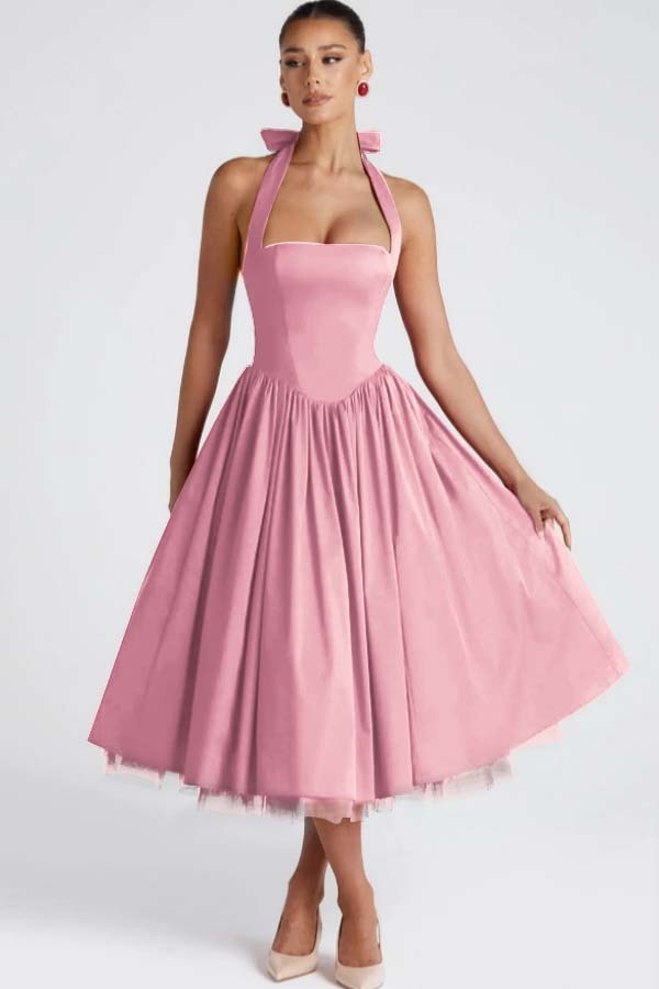 Halter Sleeveless Long A Line Formal Dress With Pleated Tulle