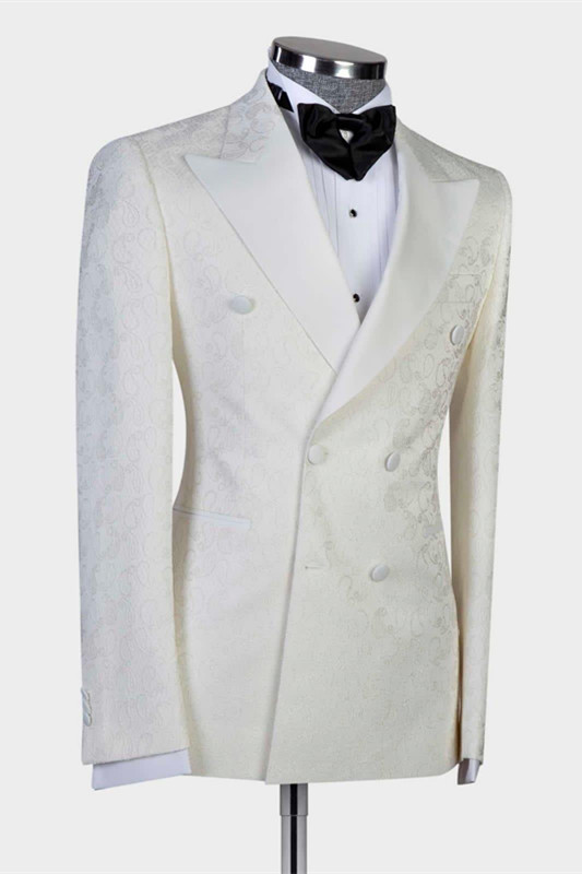 Stylish White Jacquard Peaked Lapel Double-Breasted Wedding Suit for Men
