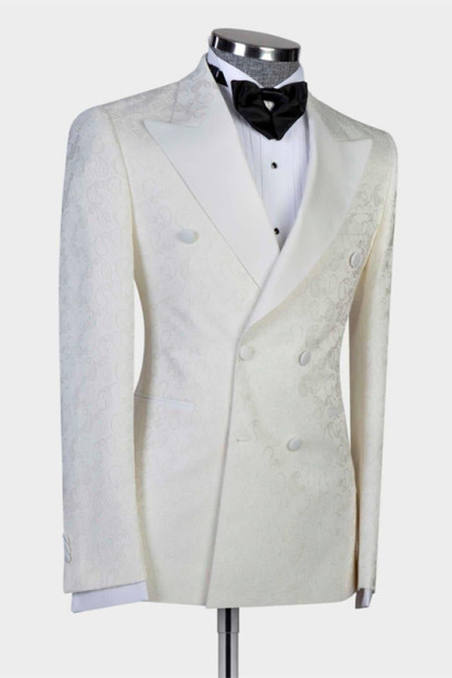 Stylish White Jacquard Peaked Lapel Double-Breasted Wedding Suit for Men