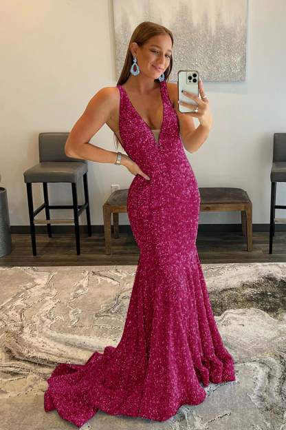 Mermaid Prom Dress with Deep V Neck in Pink