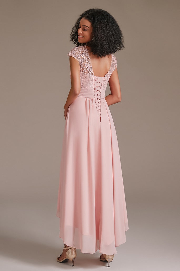 Pink Cap Sleeve Applique Bridesmaid Dress with Pockets
